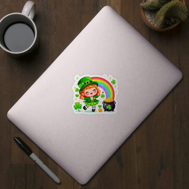 A cute Irish Lassie dancing an Irish jig celebrates St Patrick's Day with a rainbow pot of gold and shamrocks Irish Pride Irish American four leaf clovers Irish dance by Tees 4 Thee